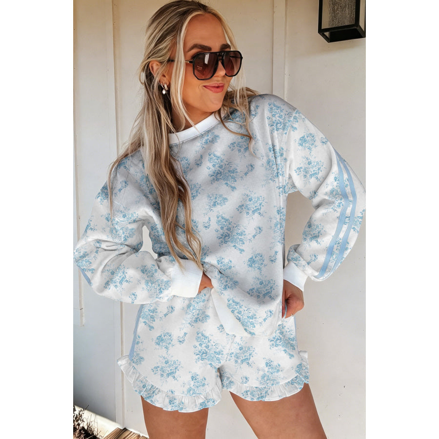 Sky Blue Floral Print Striped Detail Long Sleeve Top Ruffle Hem Shorts 2pcs Set Two Piece Sets/Short Sets