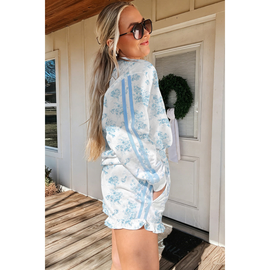 Sky Blue Floral Print Striped Detail Long Sleeve Top Ruffle Hem Shorts 2pcs Set Two Piece Sets/Short Sets