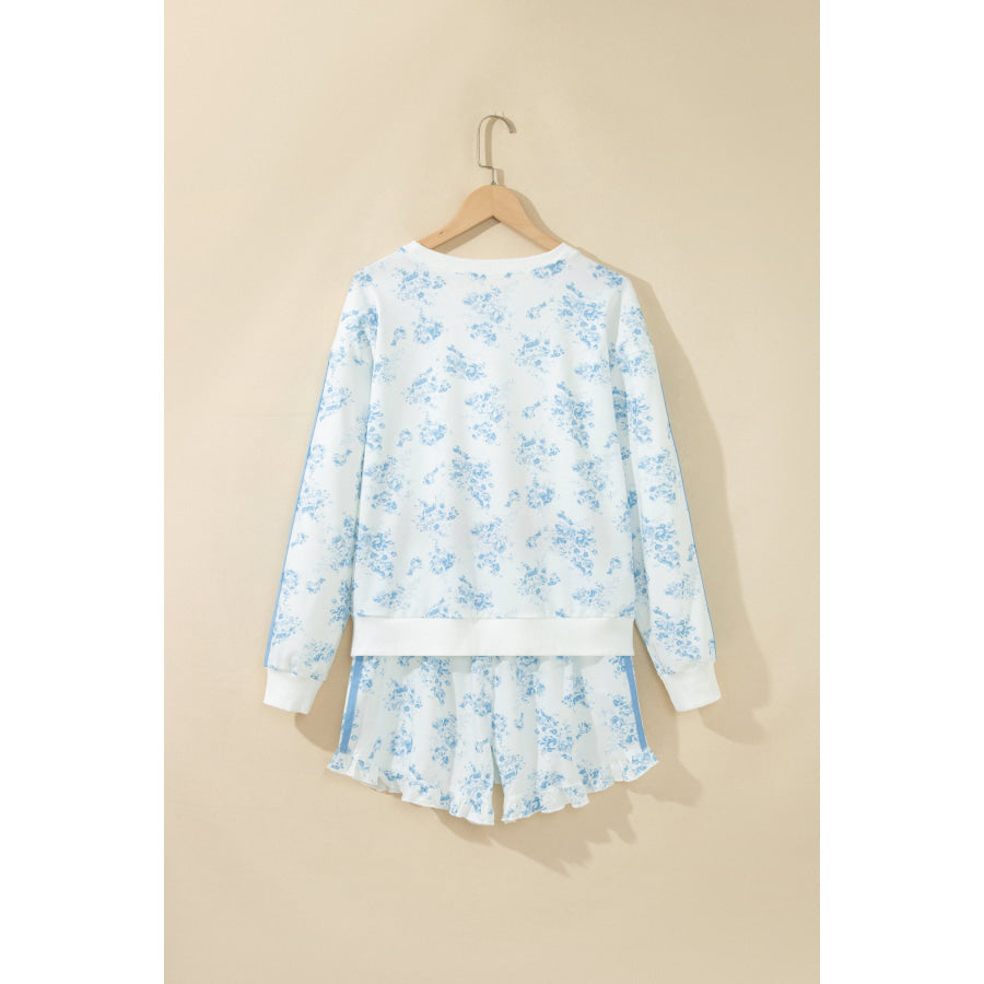 Sky Blue Floral Print Striped Detail Long Sleeve Top Ruffle Hem Shorts 2pcs Set Two Piece Sets/Short Sets