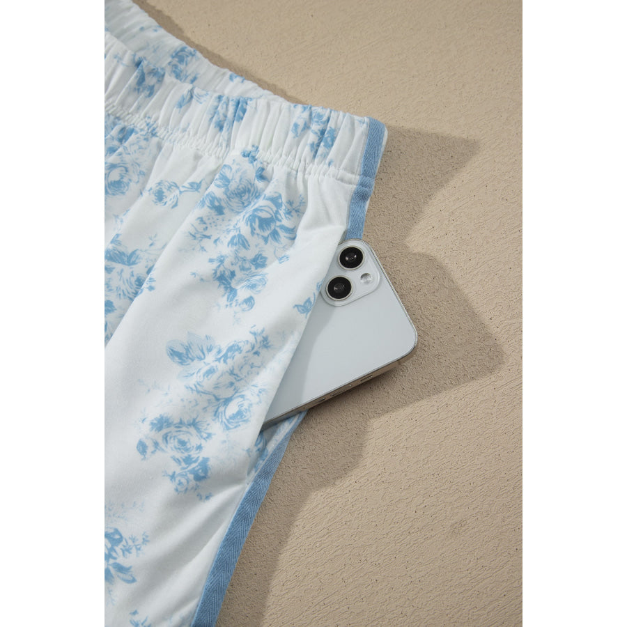 Sky Blue Floral Print Striped Detail Long Sleeve Top Ruffle Hem Shorts 2pcs Set Two Piece Sets/Short Sets