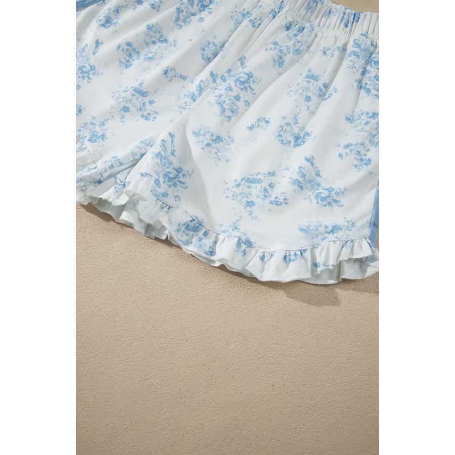 Sky Blue Floral Print Striped Detail Long Sleeve Top Ruffle Hem Shorts 2pcs Set Two Piece Sets/Short Sets