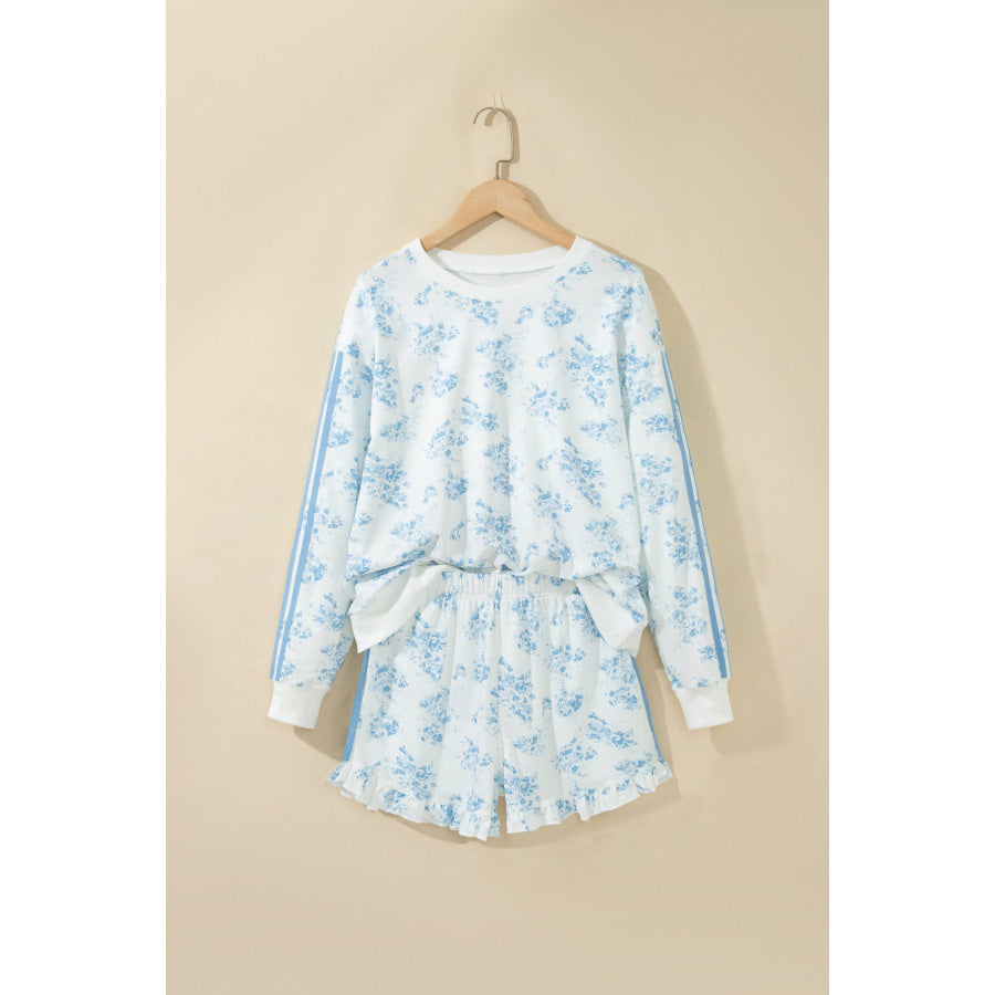 Sky Blue Floral Print Striped Detail Long Sleeve Top Ruffle Hem Shorts 2pcs Set Two Piece Sets/Short Sets