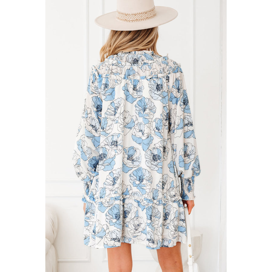 Sky Blue Floral Print Tie Neck Long Sleeve Flowy Mini Dress Dresses/Floral Dresses