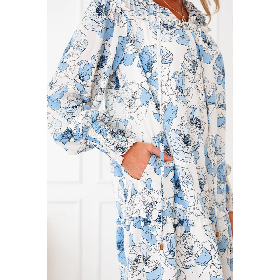 Sky Blue Floral Print Tie Neck Long Sleeve Flowy Mini Dress Dresses/Floral Dresses