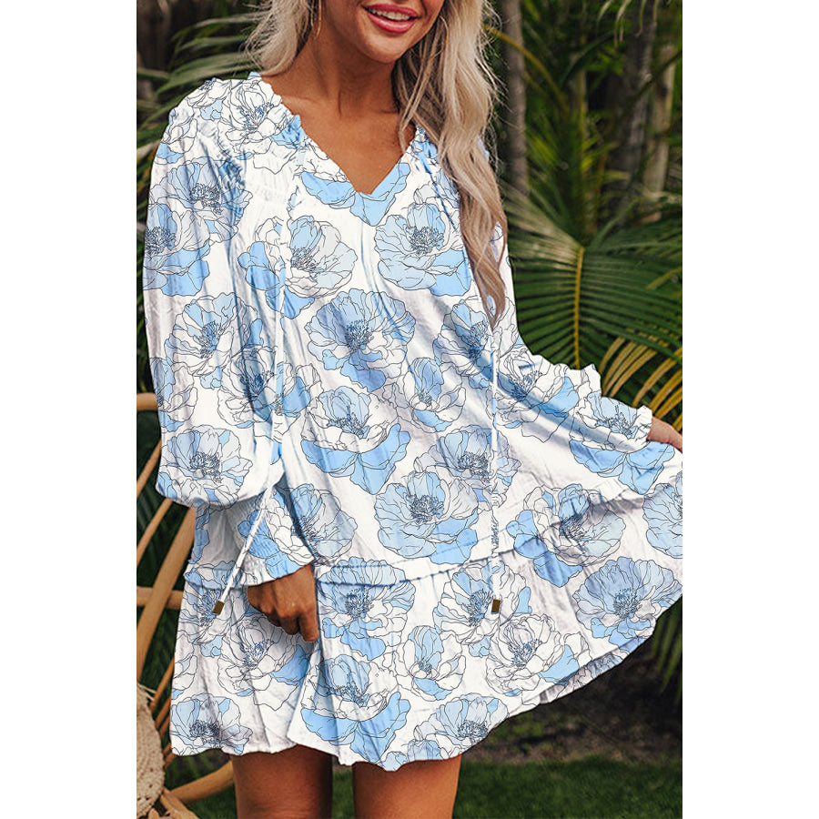Sky Blue Floral Print Tie Neck Long Sleeve Flowy Mini Dress Dresses/Floral Dresses