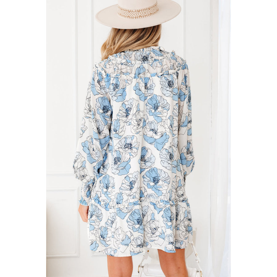Sky Blue Floral Print Tie Neck Long Sleeve Flowy Mini Dress Dresses/Floral Dresses