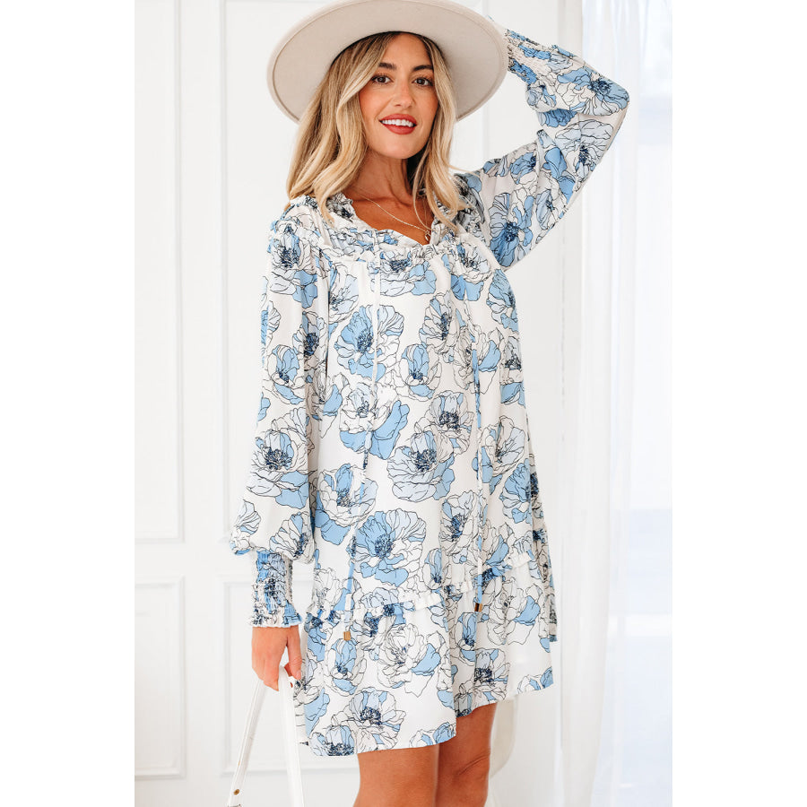 Sky Blue Floral Print Tie Neck Long Sleeve Flowy Mini Dress Dresses/Floral Dresses