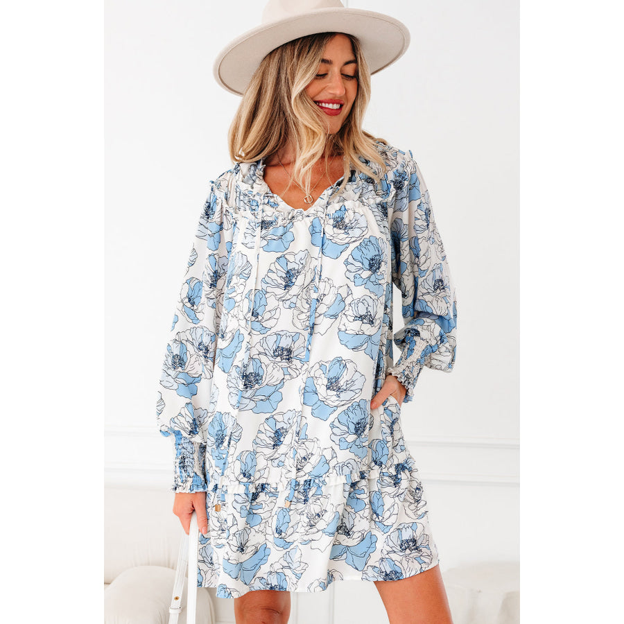 Sky Blue Floral Print Tie Neck Long Sleeve Flowy Mini Dress Sky Blue / S / 100% Polyester Dresses/Floral Dresses