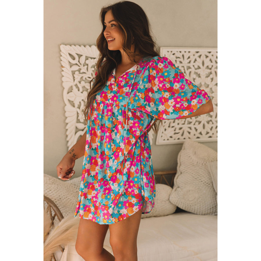 Sky Blue Floral Print Tie Split Neck Bubble Sleeve Babydoll Dress Dresses/Floral Dresses