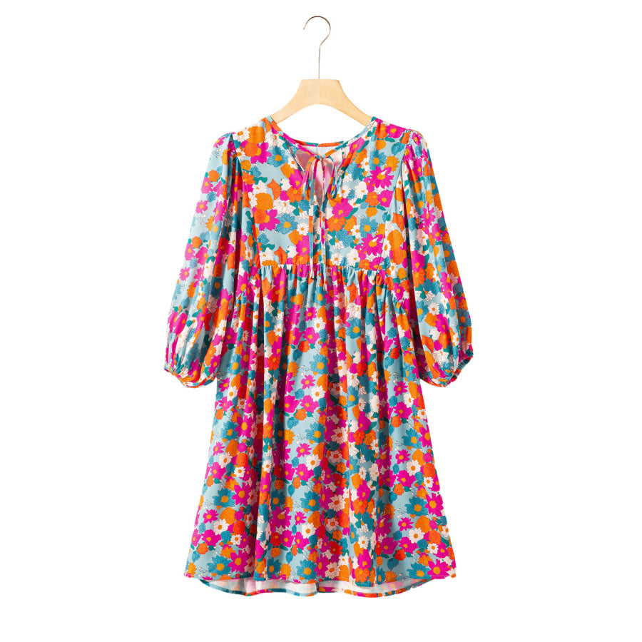 Sky Blue Floral Print Tie Split Neck Bubble Sleeve Babydoll Dress Dresses/Floral Dresses