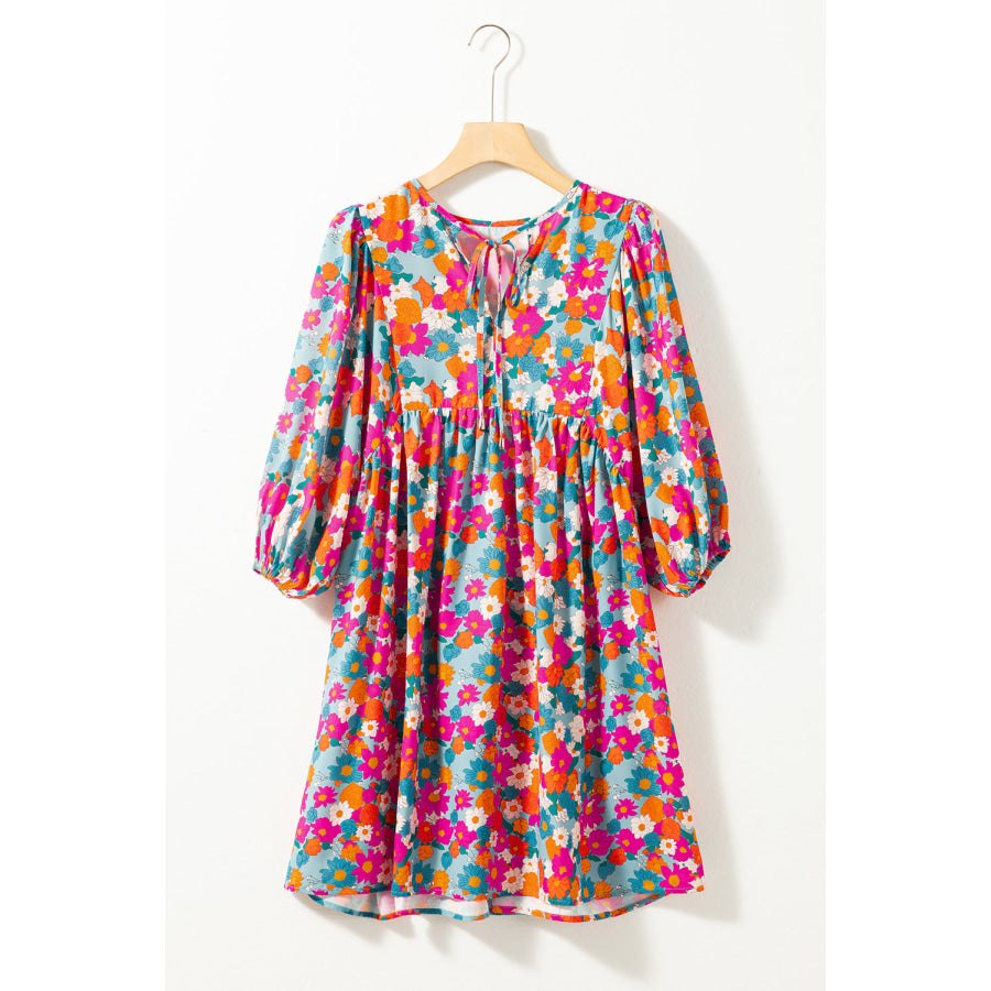 Sky Blue Floral Print Tie Split Neck Bubble Sleeve Babydoll Dress Dresses/Floral Dresses