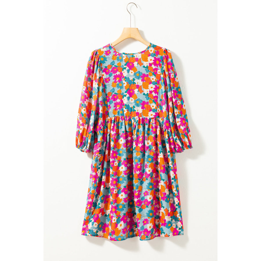 Sky Blue Floral Print Tie Split Neck Bubble Sleeve Babydoll Dress Dresses/Floral Dresses