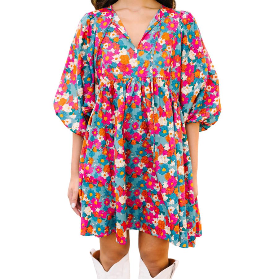 Sky Blue Floral Print Tie Split Neck Bubble Sleeve Babydoll Dress Dresses/Floral Dresses