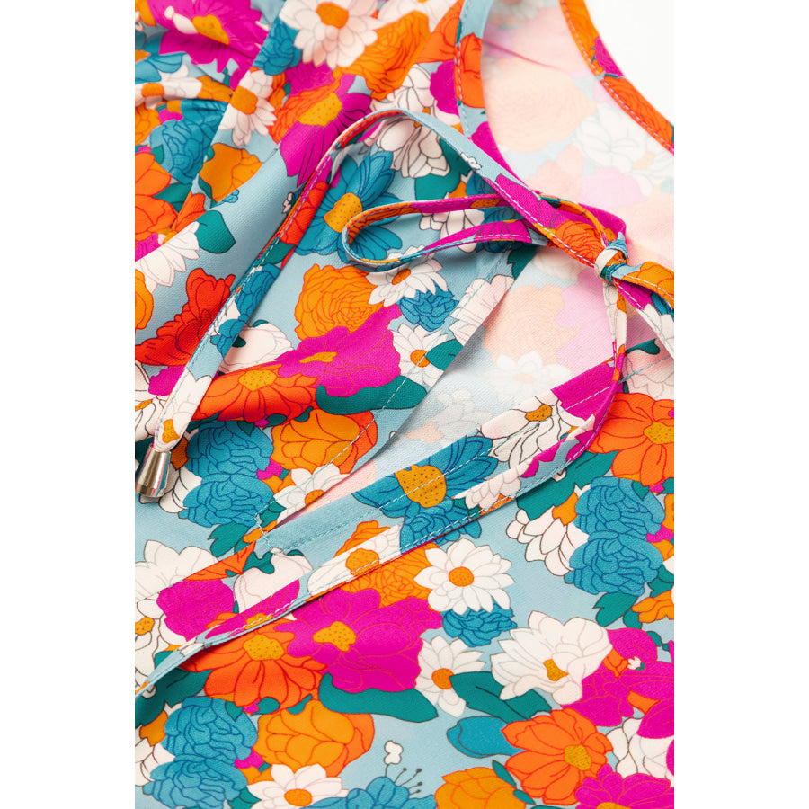 Sky Blue Floral Print Tie Split Neck Bubble Sleeve Babydoll Dress Dresses/Floral Dresses