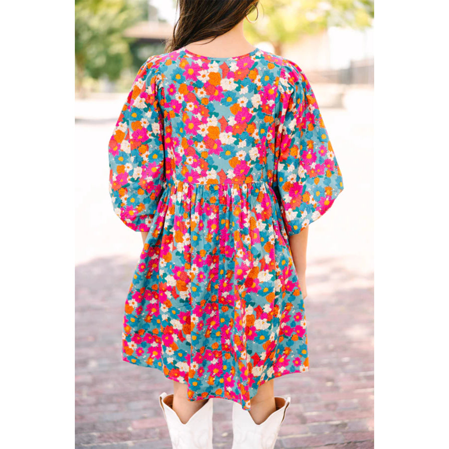 Sky Blue Floral Print Tie Split Neck Bubble Sleeve Babydoll Dress Dresses/Floral Dresses