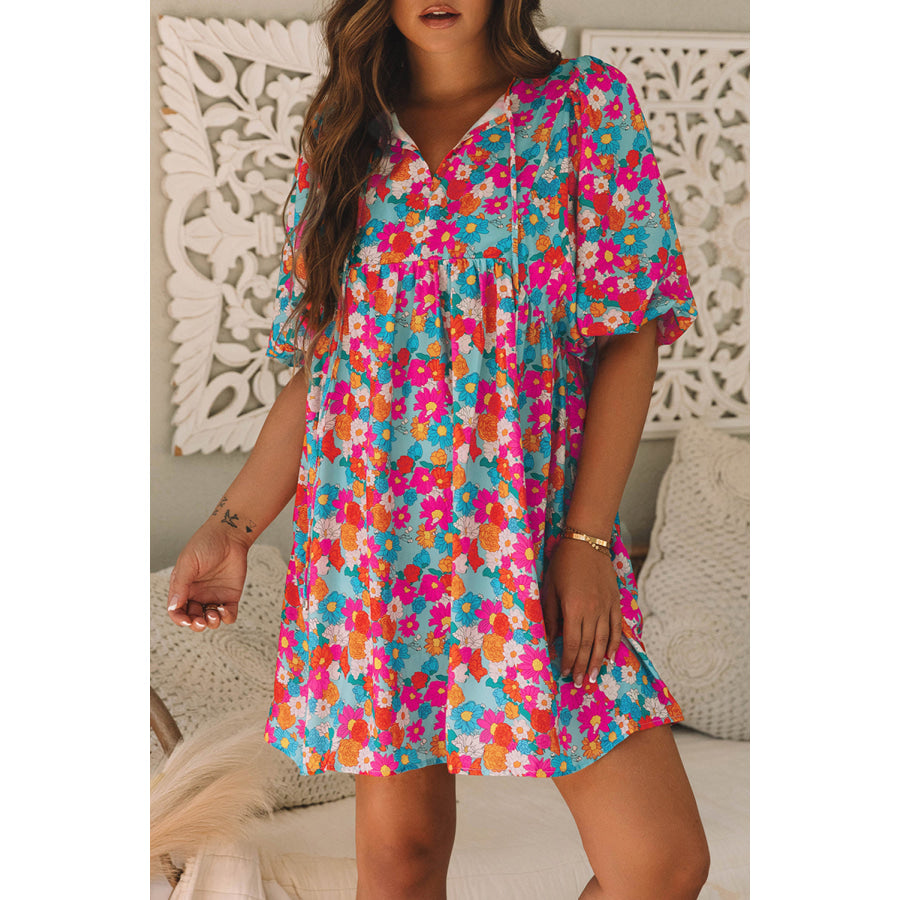 Sky Blue Floral Print Tie Split Neck Bubble Sleeve Babydoll Dress Dresses/Floral Dresses