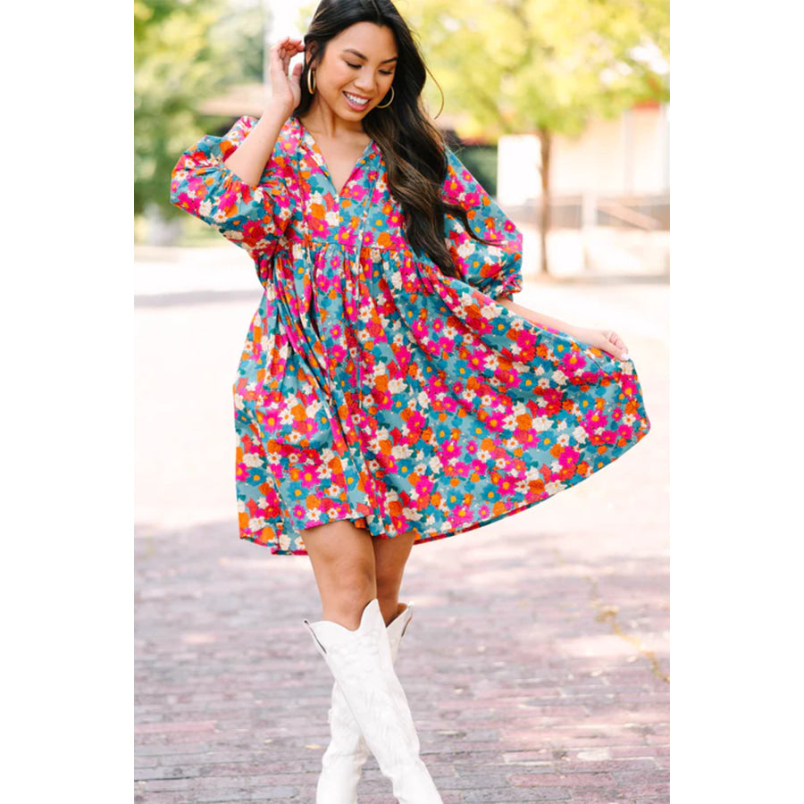 Sky Blue Floral Print Tie Split Neck Bubble Sleeve Babydoll Dress Dresses/Floral Dresses