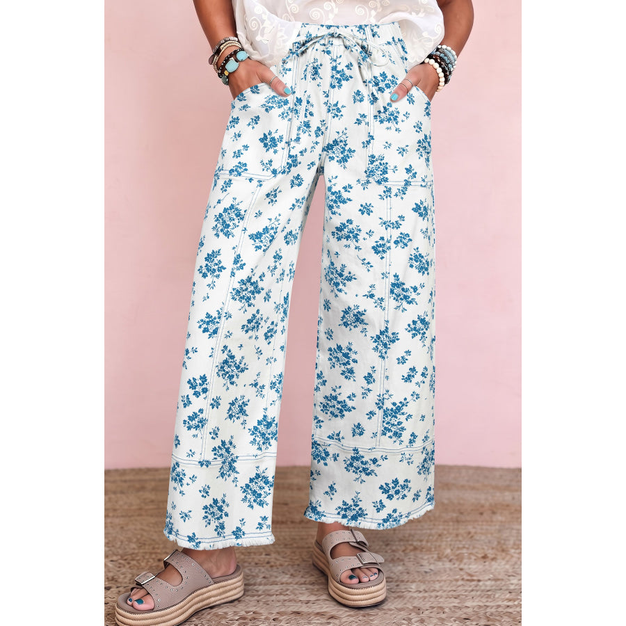 Sky Blue Floral Print Tie Waist Straight Leg Jeans / 4 Bottoms/Jeans