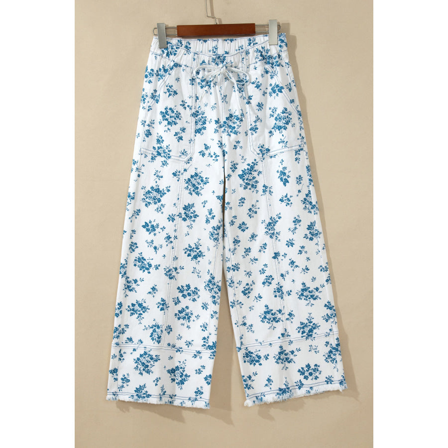 Sky Blue Floral Print Tie Waist Straight Leg Jeans Bottoms/Jeans