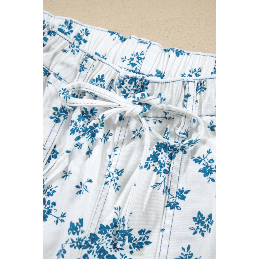Sky Blue Floral Print Tie Waist Straight Leg Jeans Bottoms/Jeans
