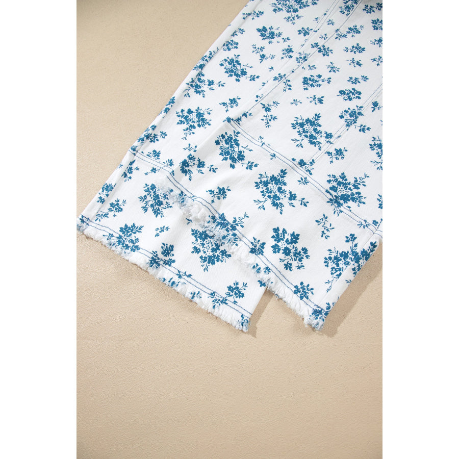 Sky Blue Floral Print Tie Waist Straight Leg Jeans Bottoms/Jeans