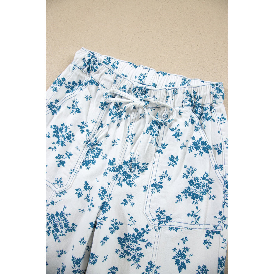 Sky Blue Floral Print Tie Waist Straight Leg Jeans Bottoms/Jeans