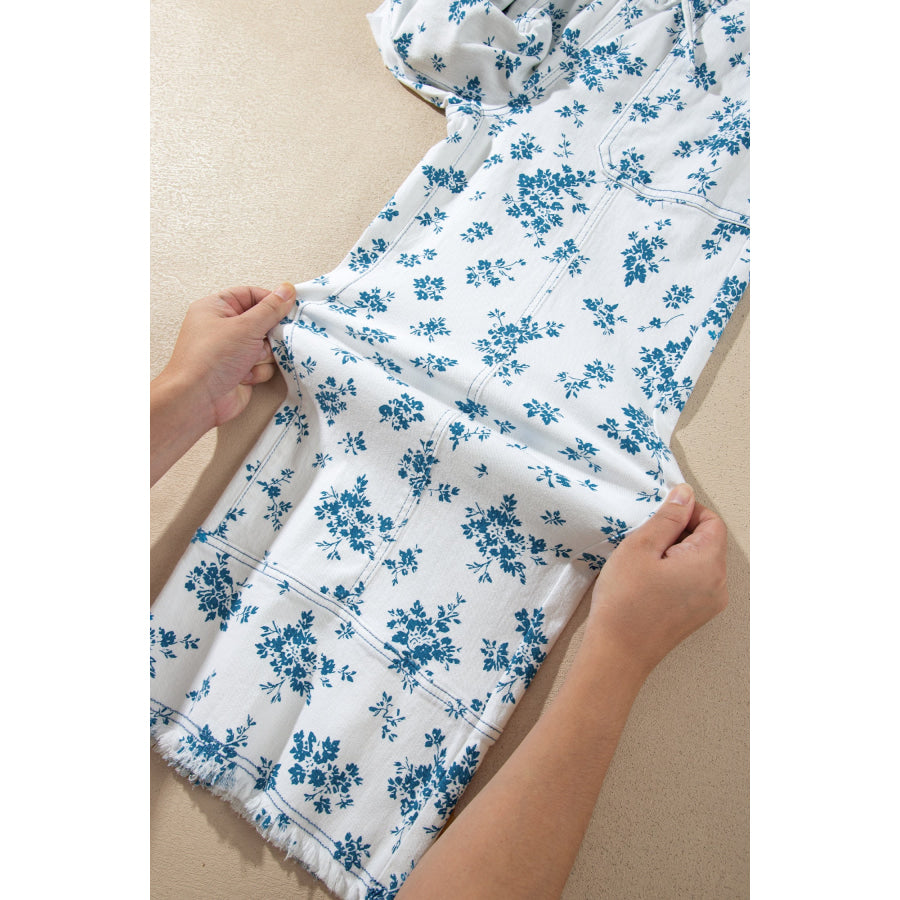 Sky Blue Floral Print Tie Waist Straight Leg Jeans Bottoms/Jeans