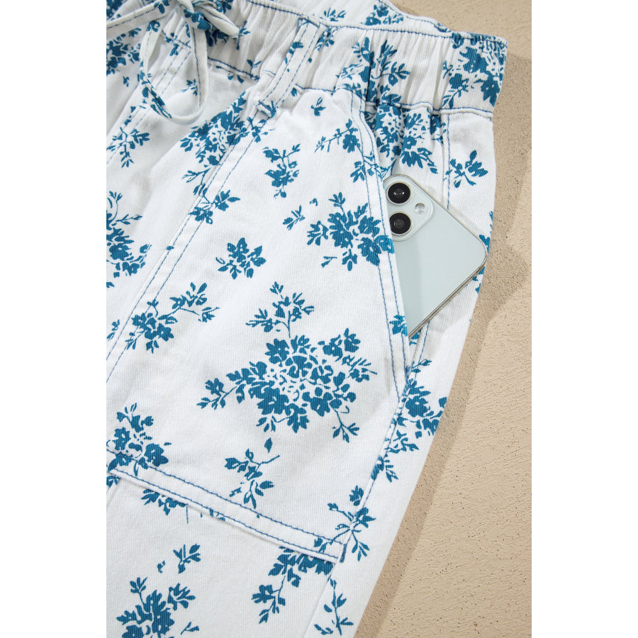 Sky Blue Floral Print Tie Waist Straight Leg Jeans Bottoms/Jeans