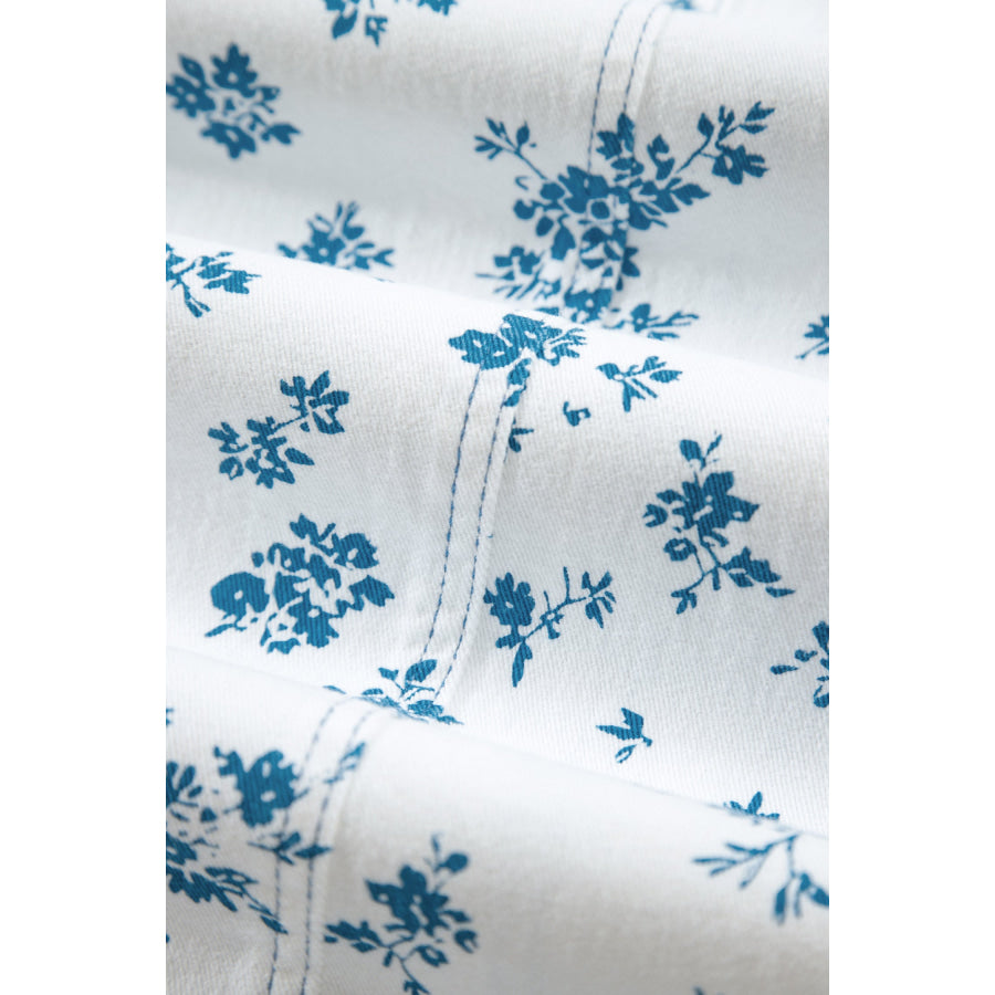 Sky Blue Floral Print Tie Waist Straight Leg Jeans Bottoms/Jeans