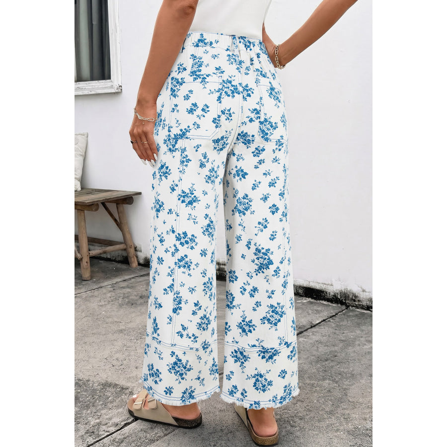 Sky Blue Floral Print Tie Waist Straight Leg Jeans Bottoms/Jeans