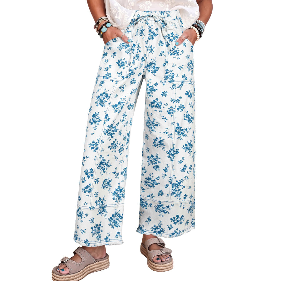 Sky Blue Floral Print Tie Waist Straight Leg Jeans Bottoms/Jeans