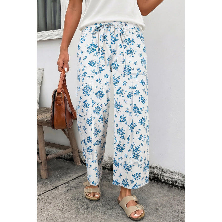 Sky Blue Floral Print Tie Waist Straight Leg Jeans Bottoms/Jeans
