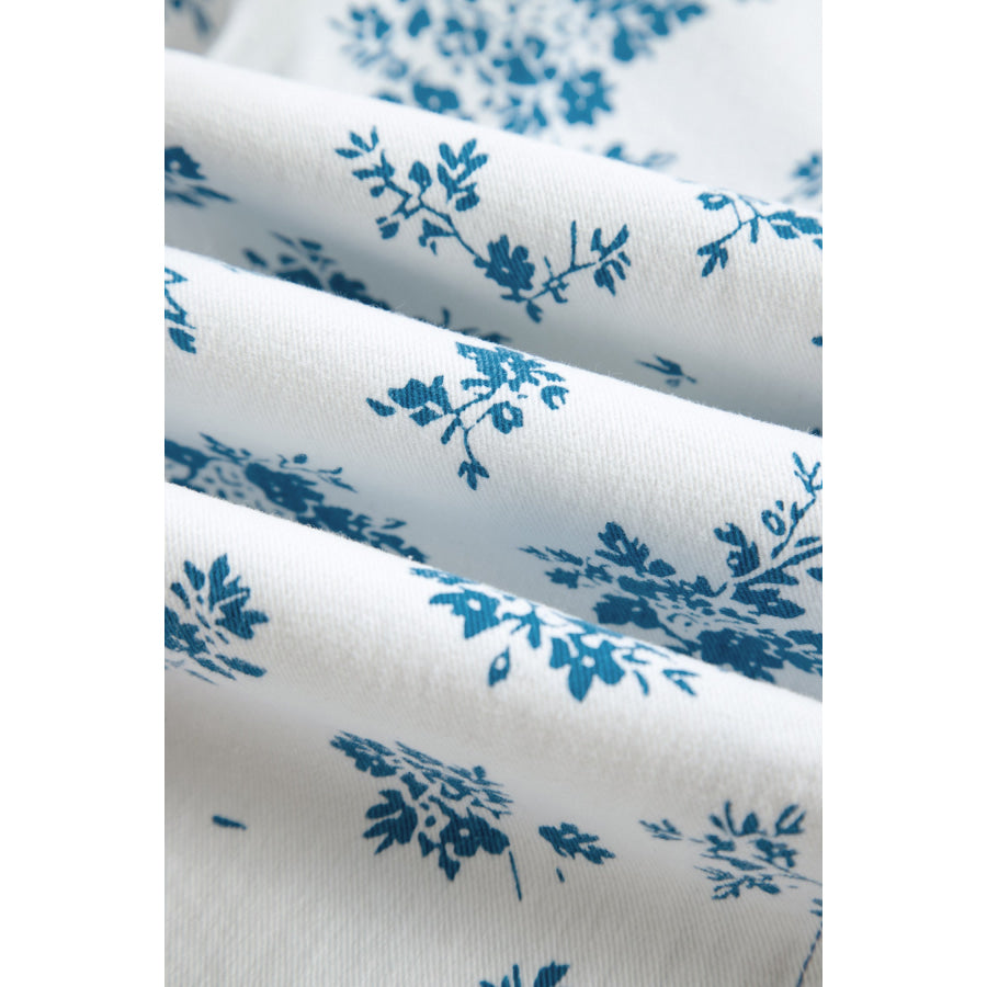 Sky Blue Floral Print Tie Waist Straight Leg Jeans Bottoms/Jeans
