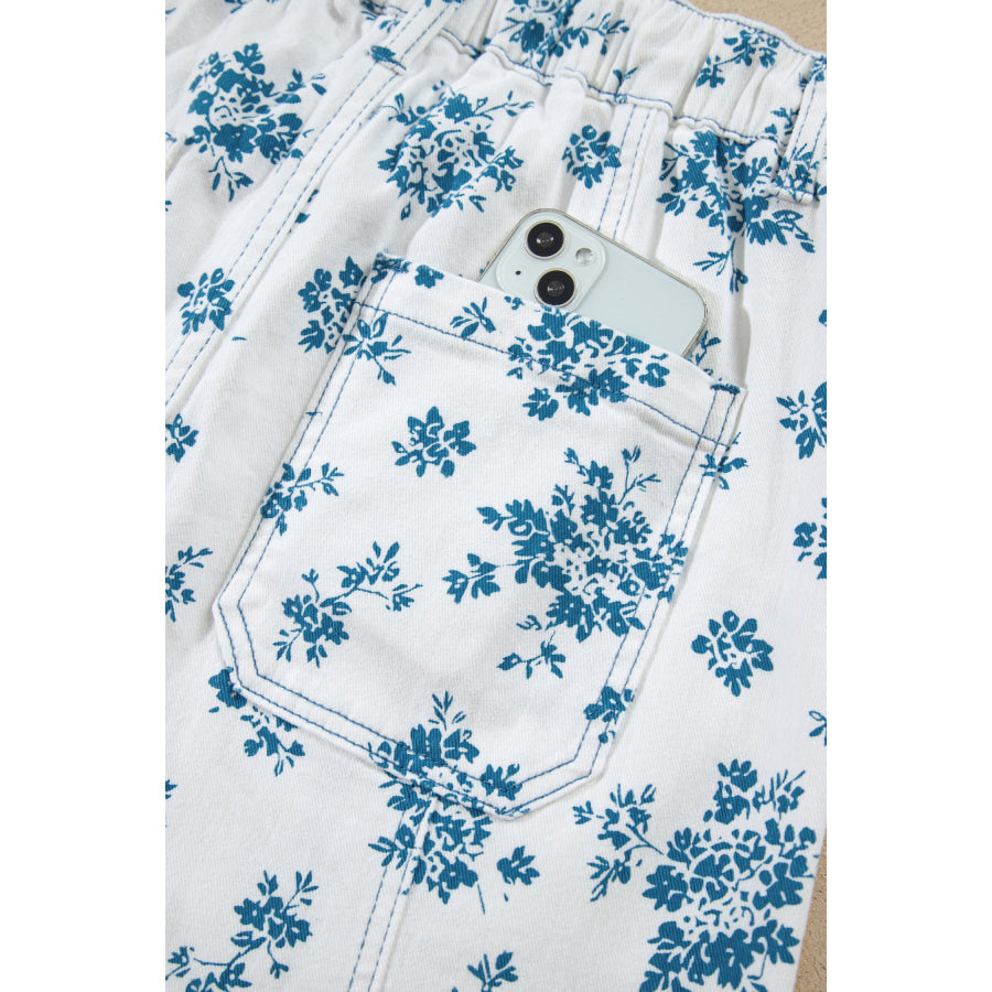 Sky Blue Floral Print Tie Waist Straight Leg Jeans Bottoms/Jeans