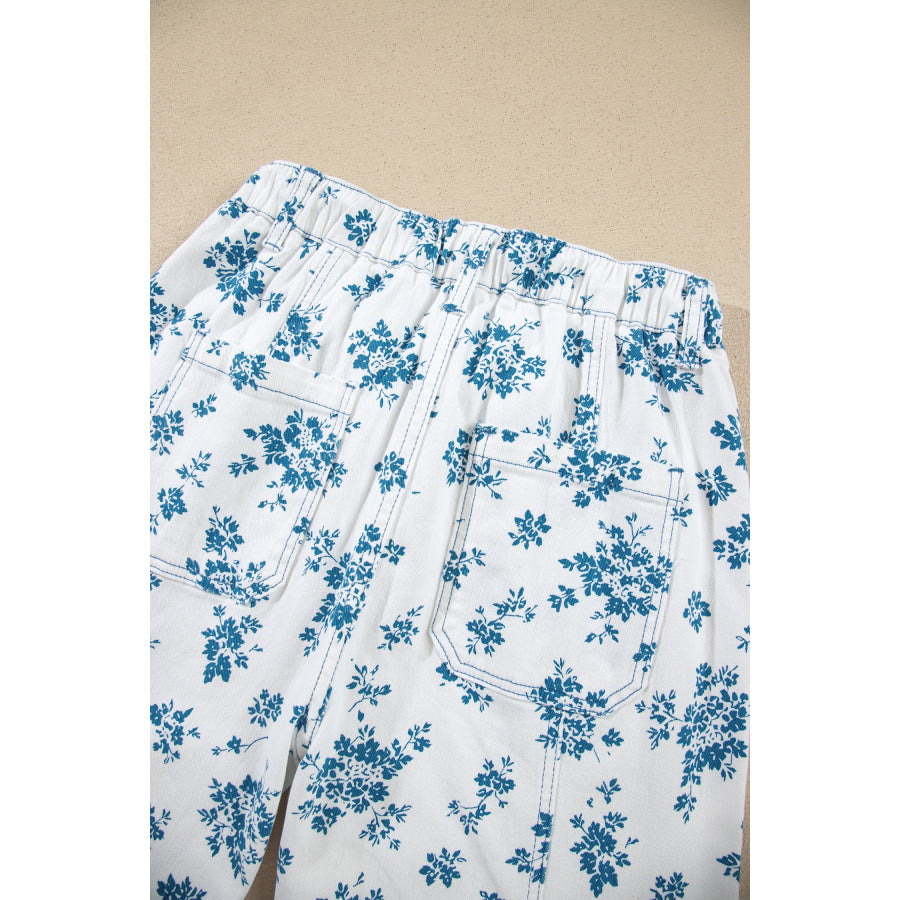 Sky Blue Floral Print Tie Waist Straight Leg Jeans Bottoms/Jeans