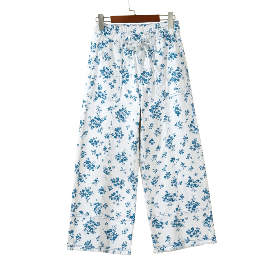 Sky Blue Floral Print Tie Waist Straight Leg Jeans Bottoms/Jeans
