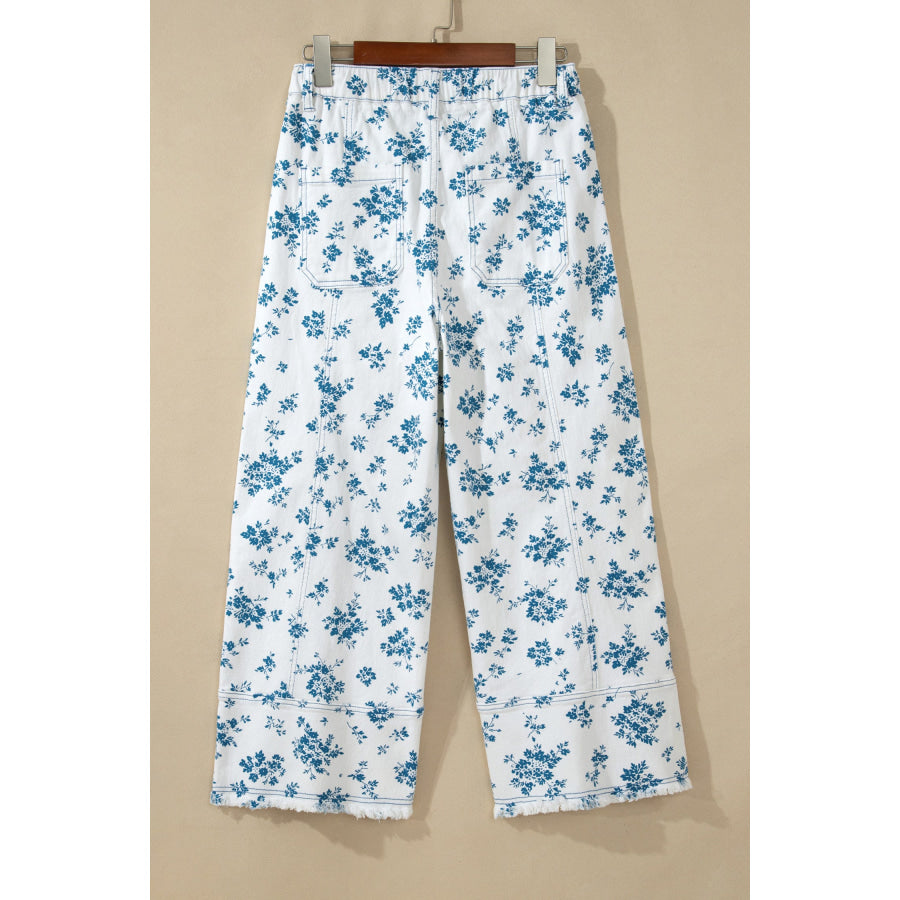Sky Blue Floral Print Tie Waist Straight Leg Jeans Bottoms/Jeans