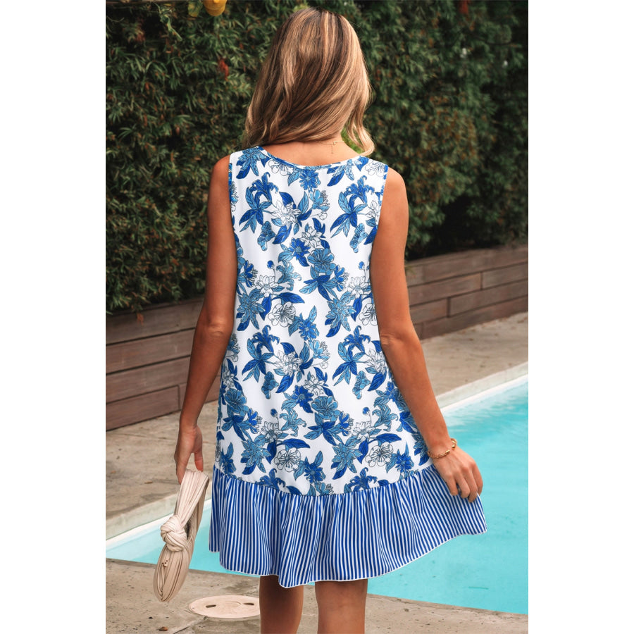 Sky Blue Floral Print U Neck Sleeveless Striped Ruffle Hem Patchwork Dress Dresses/Floral Dresses