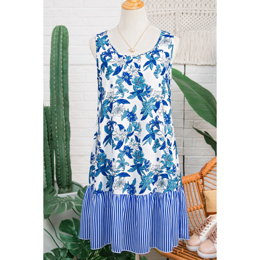 Sky Blue Floral Print U Neck Sleeveless Striped Ruffle Hem Patchwork Dress Dresses/Floral Dresses