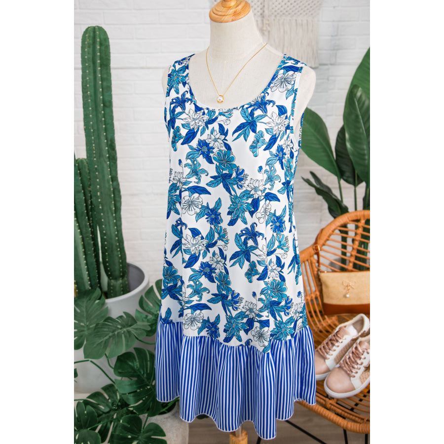 Sky Blue Floral Print U Neck Sleeveless Striped Ruffle Hem Patchwork Dress Dresses/Floral Dresses