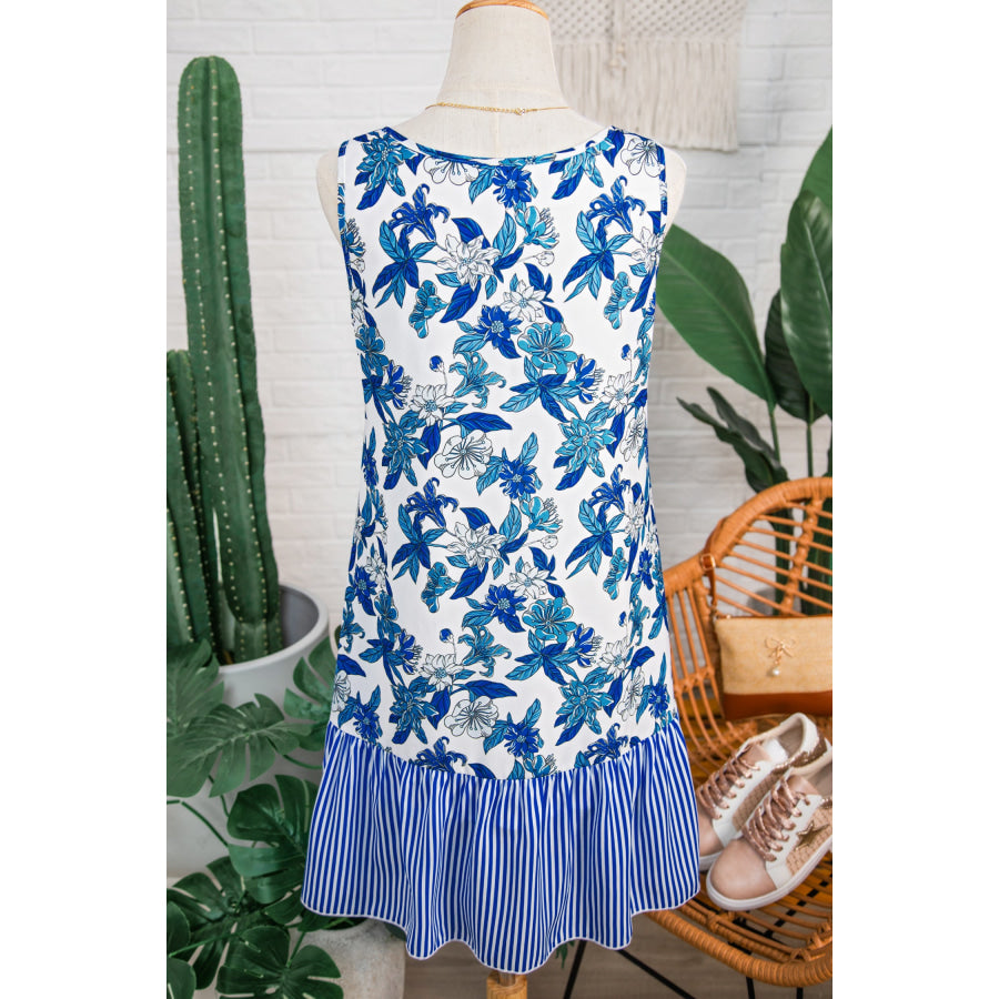 Sky Blue Floral Print U Neck Sleeveless Striped Ruffle Hem Patchwork Dress Dresses/Floral Dresses