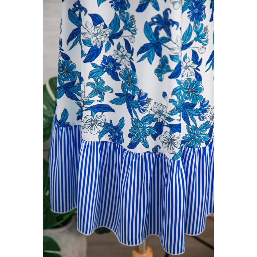 Sky Blue Floral Print U Neck Sleeveless Striped Ruffle Hem Patchwork Dress Dresses/Floral Dresses