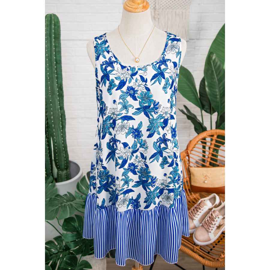 Sky Blue Floral Print U Neck Sleeveless Striped Ruffle Hem Patchwork Dress Dresses/Floral Dresses