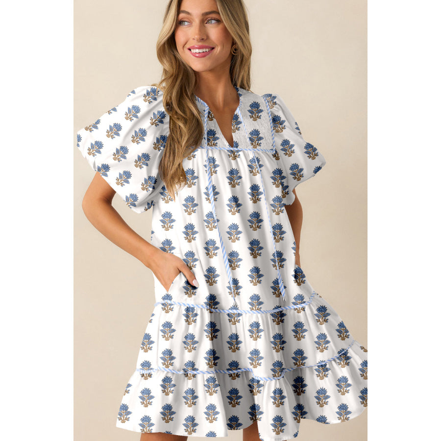 Sky Blue Floral Puff Sleeve Tied Neck Pocketed Mini Dress Dresses/Floral Dresses