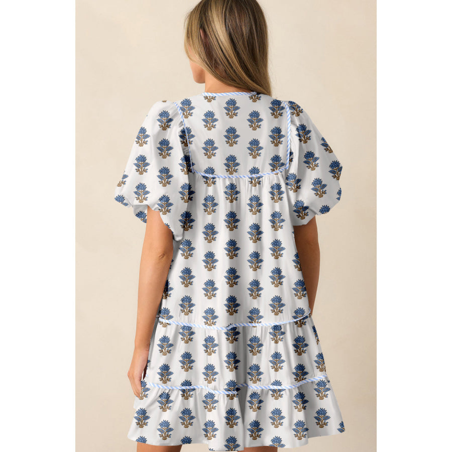 Sky Blue Floral Puff Sleeve Tied Neck Pocketed Mini Dress Dresses/Floral Dresses