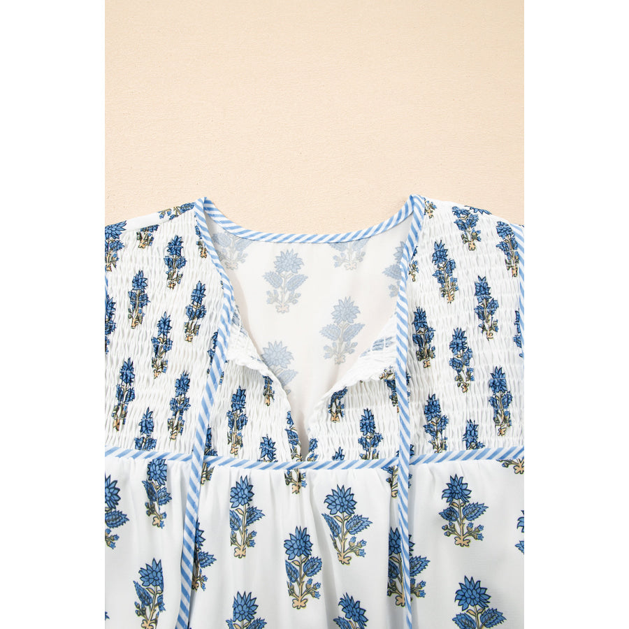 Sky Blue Floral Puff Sleeve Tied Neck Pocketed Mini Dress Dresses/Floral Dresses
