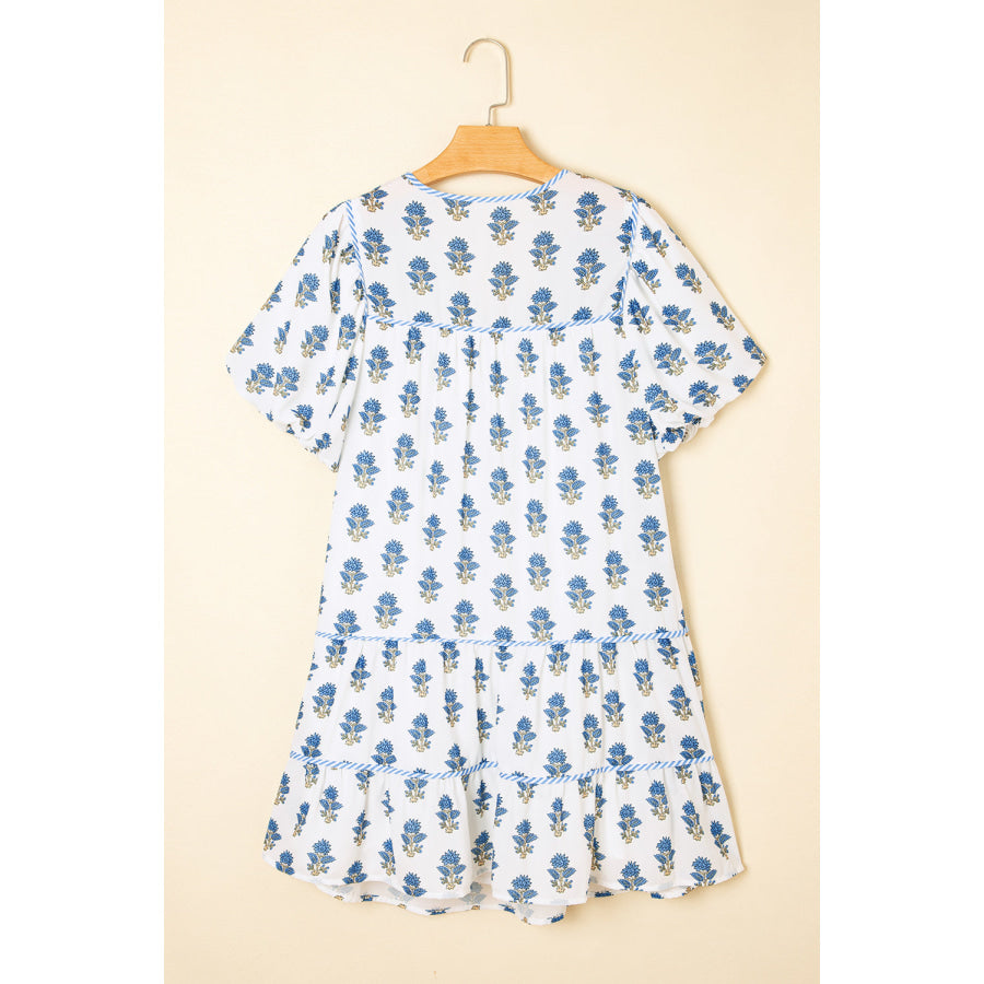 Sky Blue Floral Puff Sleeve Tied Neck Pocketed Mini Dress Dresses/Floral Dresses