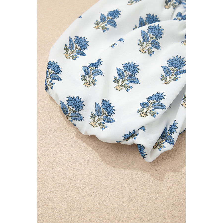 Sky Blue Floral Puff Sleeve Tied Neck Pocketed Mini Dress Dresses/Floral Dresses