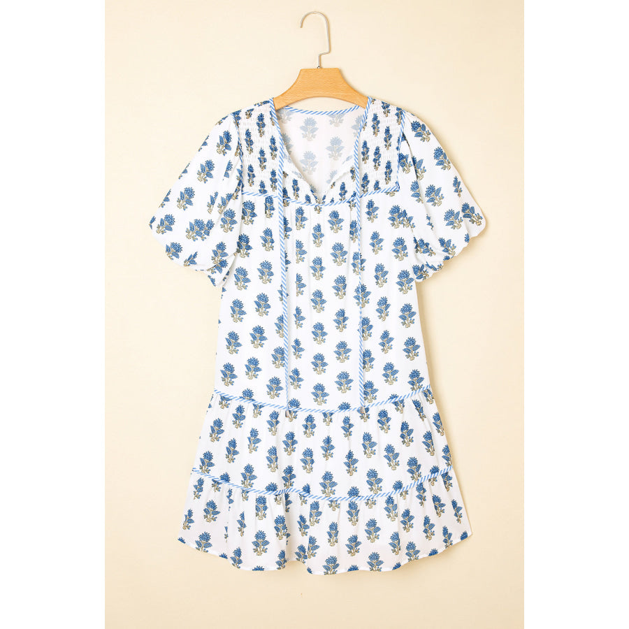 Sky Blue Floral Puff Sleeve Tied Neck Pocketed Mini Dress Dresses/Floral Dresses