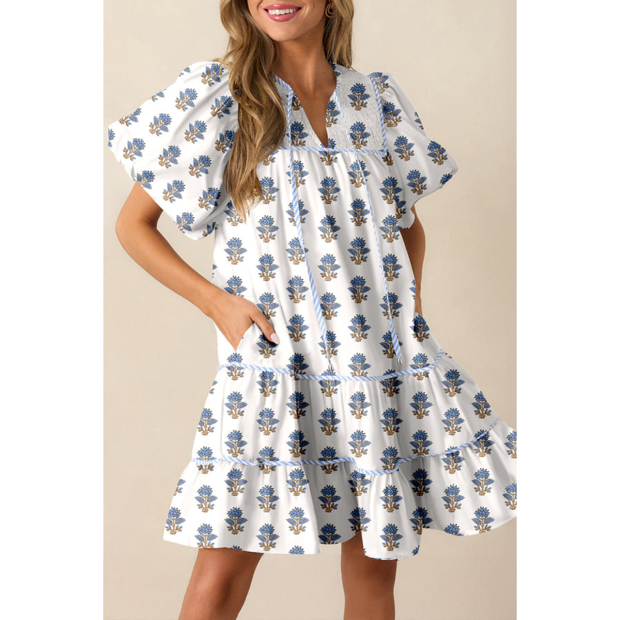 Sky Blue Floral Puff Sleeve Tied Neck Pocketed Mini Dress Sky Blue / S / 100% Polyester Dresses/Floral Dresses